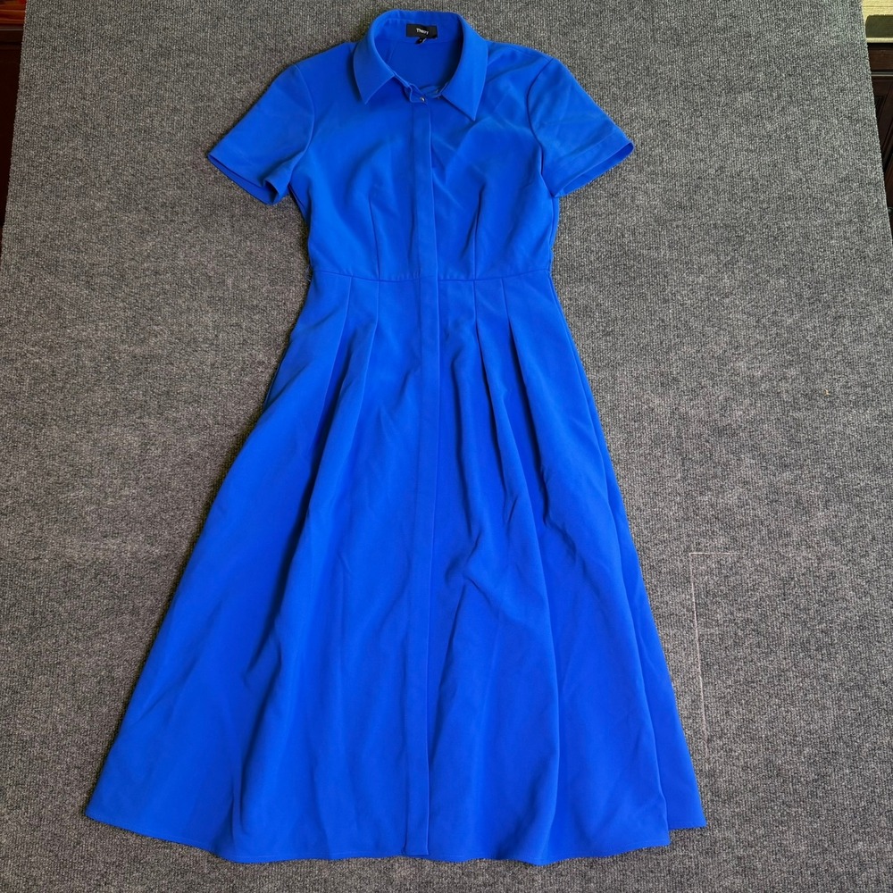 Theory shirt dress Womens 2 Royal Blue Tailor Crepe Short Sleeve Midi NO BELT